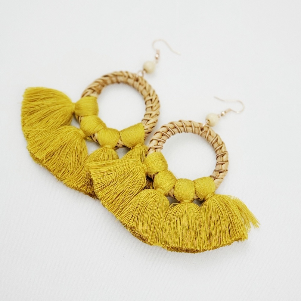 Circle Rattan Tassel Earrings - Picture 2 of 3